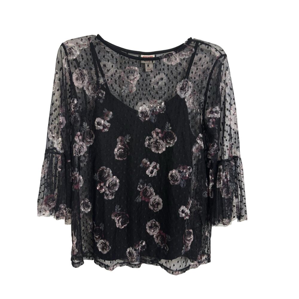 Whimsigoth Dark Fairy Sheer Floral Polka Dot Bell Sleeve Top Y2K Small Witchy